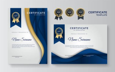 Mavi ve altın sertifika şablonu. Modern mavi sertifika ödülü ya da iki kişilik diploma şablonu, A4 boyutunda portre ve peyzaj tasarımı. İş, eğitim, ödül ve daha fazlası için uygun