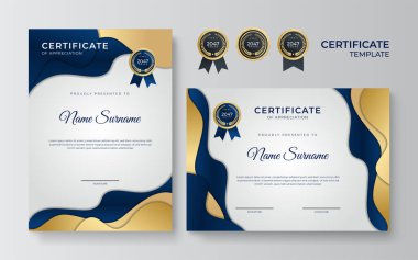 Mavi ve altın sertifika şablonu. Modern mavi sertifika ödülü ya da iki kişilik diploma şablonu, A4 boyutunda portre ve peyzaj tasarımı. İş, eğitim, ödül ve daha fazlası için uygun