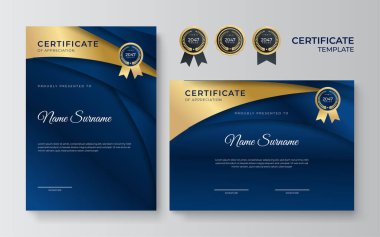 Mavi ve altın sertifika şablonu. Modern mavi sertifika ödülü ya da iki kişilik diploma şablonu, A4 boyutunda portre ve peyzaj tasarımı. İş, eğitim, ödül ve daha fazlası için uygun