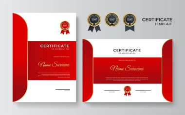 Sertifika şablonu. Modern tasarım veya hediye çeki diploması. Kırmızı ve altın renk temalı vektör illüstrasyonu