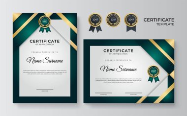 Lüks altın rozetler, yeşil şekiller ve modern çizgiler içeren sınır tasarım şablonları sertifikası. Vektör grafik baskı düzeni ödül, takdir, eğitim için kullanılabilir