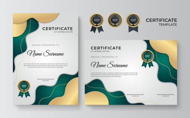 Lüks altın rozetler, yeşil şekiller ve modern çizgiler içeren sınır tasarım şablonları sertifikası. Vektör grafik baskı düzeni ödül, takdir, eğitim için kullanılabilir