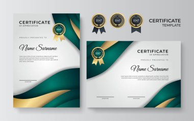 Lüks altın rozetler, yeşil şekiller ve modern çizgiler içeren sınır tasarım şablonları sertifikası. Vektör grafik baskı düzeni ödül, takdir, eğitim için kullanılabilir