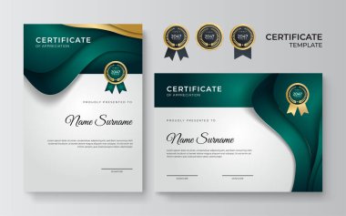Lüks altın rozetler, yeşil şekiller ve modern çizgiler içeren sınır tasarım şablonları sertifikası. Vektör grafik baskı düzeni ödül, takdir, eğitim için kullanılabilir