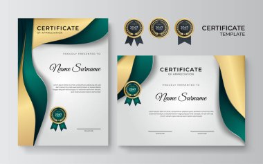 Lüks altın rozetler, yeşil şekiller ve modern çizgiler içeren sınır tasarım şablonları sertifikası. Vektör grafik baskı düzeni ödül, takdir, eğitim için kullanılabilir