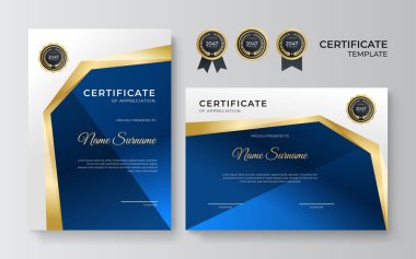 Mavi ve altın sertifika şablonu. Modern mavi sertifika ödülü veya portre ve peyzaj tasarımı sertifikası şablonu. İş, eğitim, ödül ve daha fazlası için uygun