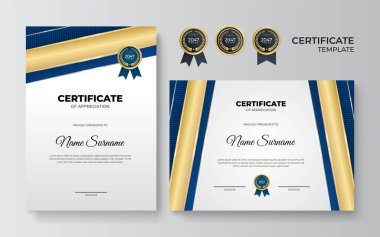 Mavi ve altın sertifika şablonu. Modern mavi sertifika ödülü ya da iki kişilik diploma şablonu, A4 boyutunda portre ve peyzaj tasarımı. İş, eğitim, ödül ve daha fazlası için uygun