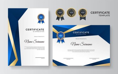 Mavi ve altın sertifika şablonu. Modern mavi sertifika ödülü ya da iki kişilik diploma şablonu, A4 boyutunda portre ve peyzaj tasarımı. İş, eğitim, ödül ve daha fazlası için uygun