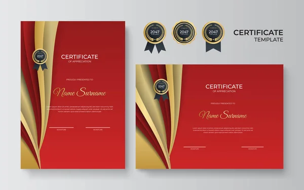 Rött Och Guld Certifikat För Prestation Mall Med Guld Emblem — Stock vektor