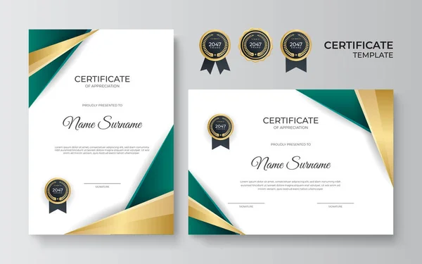 Plantilla Certificado Agradecimiento Oro Color Verde Certificado Moderno Limpio Con — Vector de stock