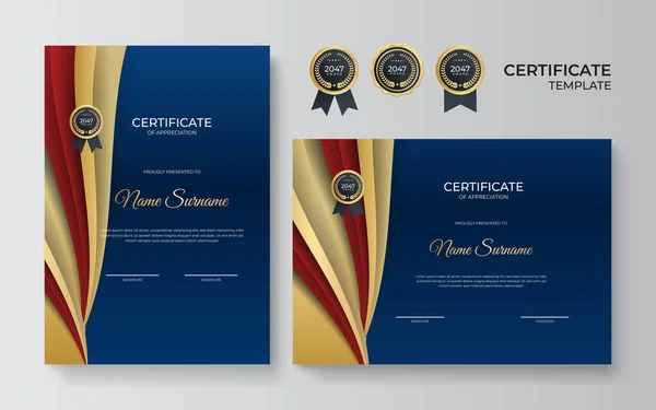 Plantilla Diseño Certificado Agradecimiento Color Azul Rojo Dorado Diseño Diploma — Archivo Imágenes Vectoriales