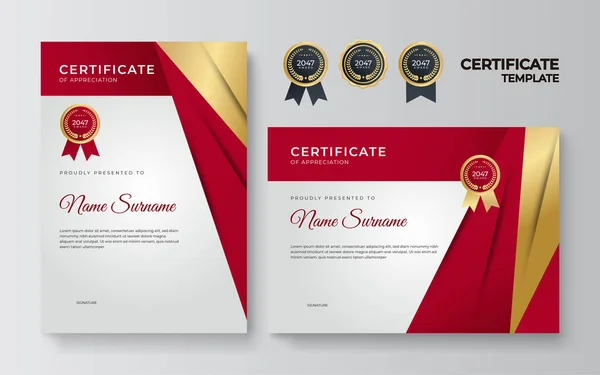 Certificato Rosso Oro Del Modello Bordo Realizzazione Con Distintivo Lusso — Vettoriale Stock