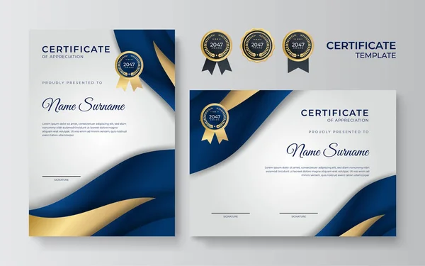 Plantilla Certificado Azul Oro Conjunto Dos Plantillas Diploma Premio Certificado — Vector de stock