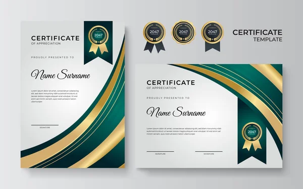 Nowoczesny Zielony Złoty Wzór Certyfikatu Certyfikat Szablonów Osiągnięć Elementami Falistymi — Wektor stockowy