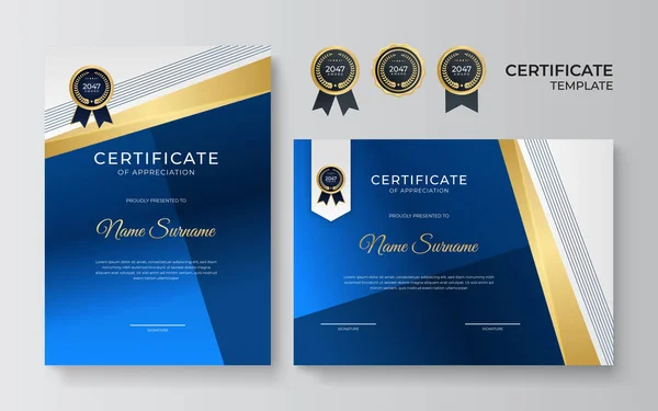 Modello Certificato Blu Oro Moderno Premio Certificato Blu Modello Diploma — Vettoriale Stock