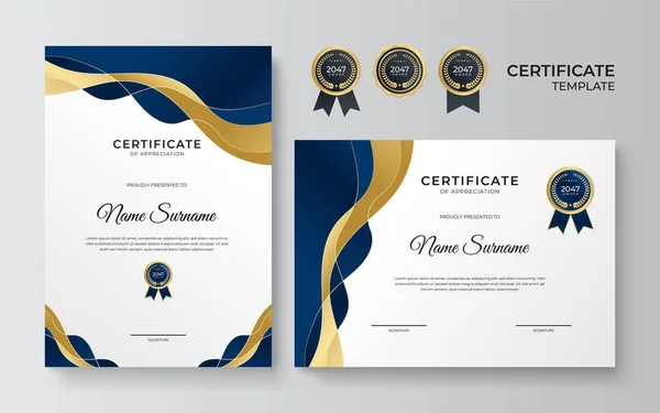 蓝色和金色证书模板 现代蓝奖状或毕业设计模板集两个 肖像画和景观设计为A4尺寸 适合商业 奖励及以上用途 — 图库矢量图片