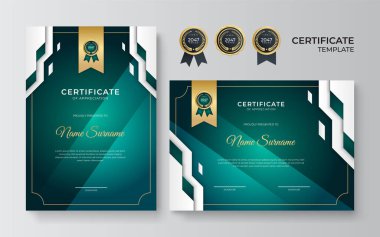 Zarif ve profesyonel yeşil ve altın ödül sertifikası şablonu. Altın rozetli ve sınır vektör şablonlu modern sertifika