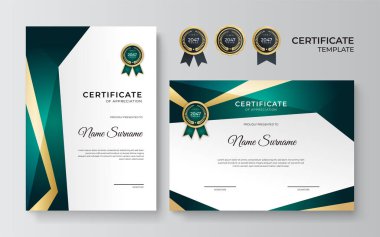 Zarif ve profesyonel yeşil ve altın ödül sertifikası şablonu. Altın rozetli ve sınır vektör şablonlu modern sertifika