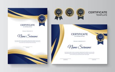 Modern zarif mavi ve altın sertifika şablonu. Lüks şablonlu sertifika şablonu. Premium rozet tasarımı, klasik rozetler ve etiketlerle vektör illüstrasyonuName.