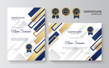 Modern zarif mavi ve altın sertifika şablonu. Lüks şablonlu sertifika şablonu. Premium rozet tasarımı, klasik rozetler ve etiketlerle vektör illüstrasyonuName.