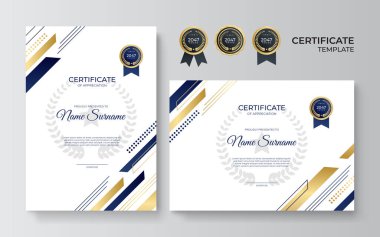 Modern zarif mavi ve altın sertifika şablonu. Lüks şablonlu sertifika şablonu. Premium rozet tasarımı, klasik rozetler ve etiketlerle vektör illüstrasyonuName.