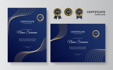 Modern zarif mavi ve altın sertifika şablonu. Lüks şablonlu sertifika şablonu. Premium rozet tasarımı, klasik rozetler ve etiketlerle vektör illüstrasyonuName.