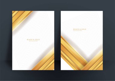 Soyut beyaz ve altın kapak tasarım şablonu arka planı. Altın soyut şekiller birinci sınıf altın renginde şekillenir. Ticari geçmiş, sertifika, broşür şürü için lüks altın şerit vektör düzeni