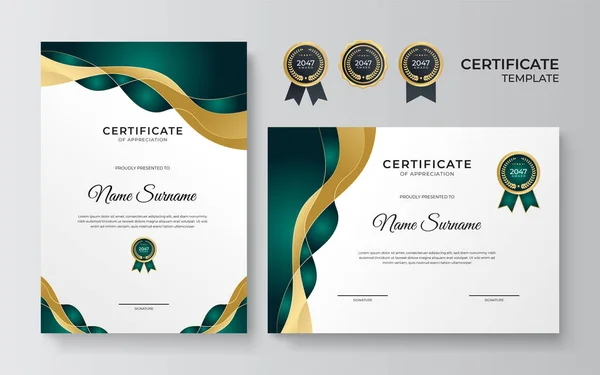 优雅而专业的绿色和金奖证书模板 带有金章和边框向量模板的现代简单证书 — 图库矢量图片