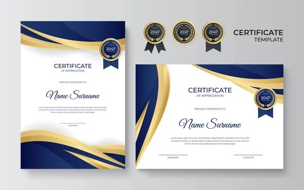 Moderno Elegante Modello Certificato Aziendale Blu Oro Modello Certificato Con — Vettoriale Stock