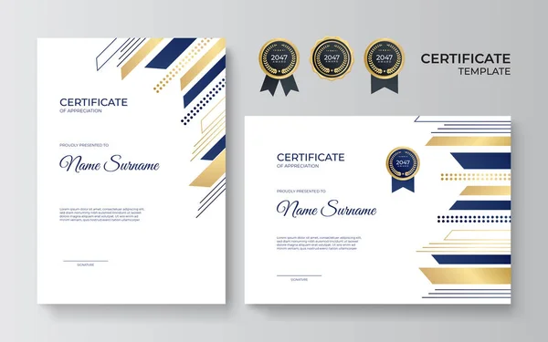 Современный Элегантный Синий Золотой Бизнес Сертификат Шаблон Шаблон Сертификата Роскошным — стоковый вектор