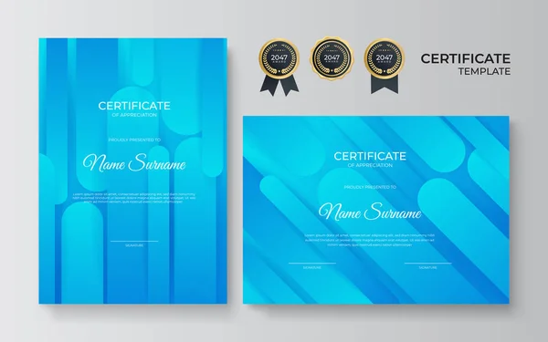 带有金章和边框的现代蓝色成绩证书模板 高级豪华最低证书模板设计 — 图库矢量图片
