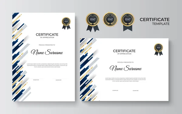 Blauw Goud Certificaat Van Prestatie Sjabloon Met Gouden Badge Grens — Stockvector