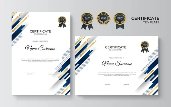 Modello Certificato Conseguimento Blu Oro Con Distintivo Bordo Oro — Vettoriale Stock