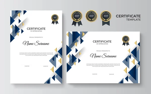 Plantilla Certificado Logro Azul Oro Con Insignia Oro Borde — Vector de stock