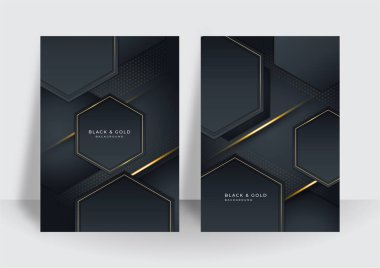 Kapak tasarımı şablonu için modern lüks siyah altın arka plan. Siyah altın arkaplan, soyut geometrik boyut ile örtüşüyor. İş ve şirket için uygun.
