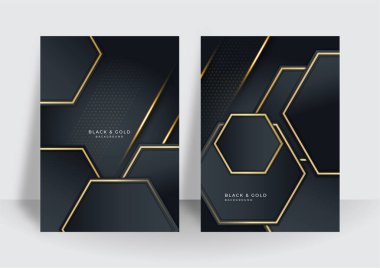 Kapak tasarımı şablonu için modern lüks siyah altın arka plan. Siyah altın arkaplan, soyut geometrik boyut ile örtüşüyor. İş ve şirket için uygun.