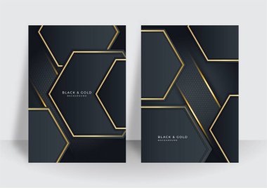 Kapak tasarımı şablonu için modern lüks siyah altın arka plan. Siyah altın arkaplan, soyut geometrik boyut ile örtüşüyor. İş ve şirket için uygun.