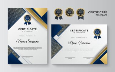 Modern, zarif mavi ve altın sertifika şablonu. Altın rozetli temiz modern sertifika. Lüks ve modern sınır şablonu sertifikası. Diploma vektör şablonu