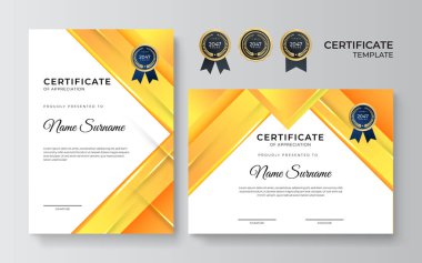 Degerlendirme sertifikasi, renkli ve renkli. Altın rozetli temiz modern sertifika. Lüks ve modern sınır şablonu sertifikası. Diploma vektör şablonu