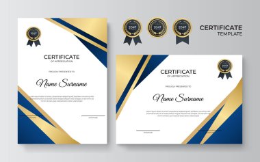 Modern zarif mavi ve altın sertifika şablonu