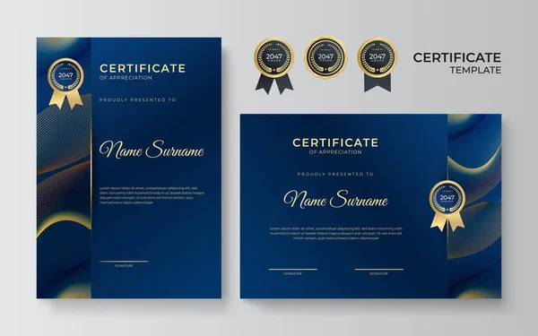 Nowoczesny Elegancki Wzór Certyfikatu Niebiesko Złotego Dyplomu Czysty Nowoczesny Certyfikat — Wektor stockowy