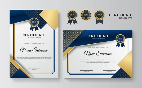 Moderno Modelo Certificado Diploma Elegante Azul Dourado Limpar Certificado Moderno — Vetor de Stock
