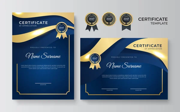 Moderno Modelo Certificado Diploma Elegante Azul Dourado Limpar Certificado Moderno — Vetor de Stock