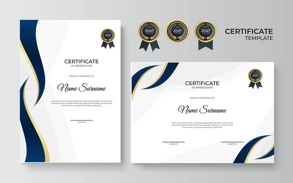 Elegante Plantilla Certificado Diploma Azul Oro — Vector de stock