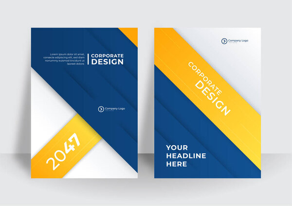 Business flyer layout template in A4 size. Modern brochure template cover design, annual report with blue geometric and wavy lines for business promotion on white background, vector illustration