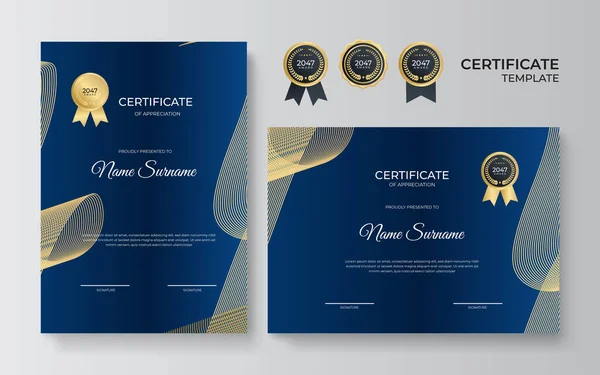 Multifunctioneel Certificaat Van Waardering Sjabloon Met Blauwe Gouden Kleur Modern — Stockvector