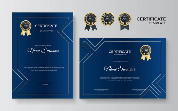 蓝色和金色多功能鉴赏证书模板 带有金章的现代豪华边境证书设计 — 图库矢量图片
