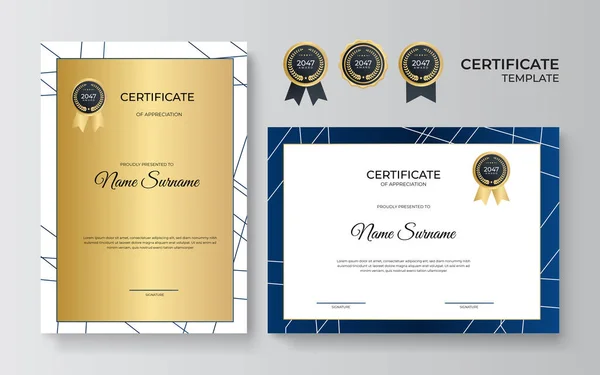 Multipurpose Certificate Appreciation Template Blue Gold Color Modern Luxury Border — Stock Vector