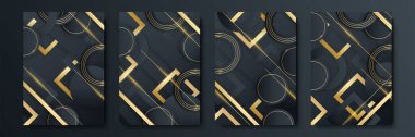 Lüks şablonlar. Pankartlar, afişler, el ilanları, sunumlar ve kartlar için vektör kapağı tasarımı. Siyah ve altın soyut arkaplan koleksiyonu