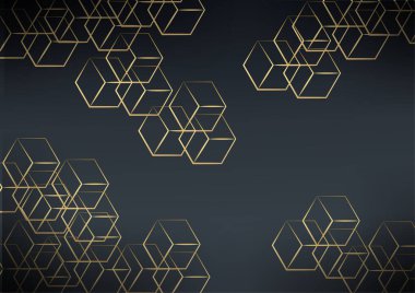 Geometrik Şekil ve Altın Element Birleştirmesi ile Soyut Karanlık Arkaplan. Siyah ve altın lüks modern arka plan